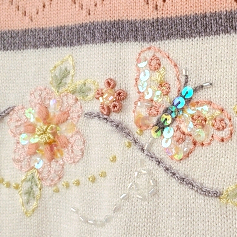 🌸Vintage Iridescent Embroidered Butterfly Peach Striped Sweater